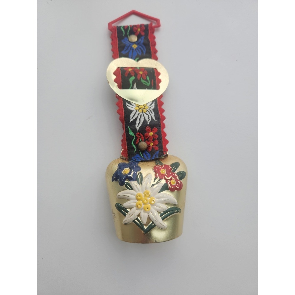 Vintage Swiss Brass Cowbell With Floral Embroidered Strap Blue White Red Flowers